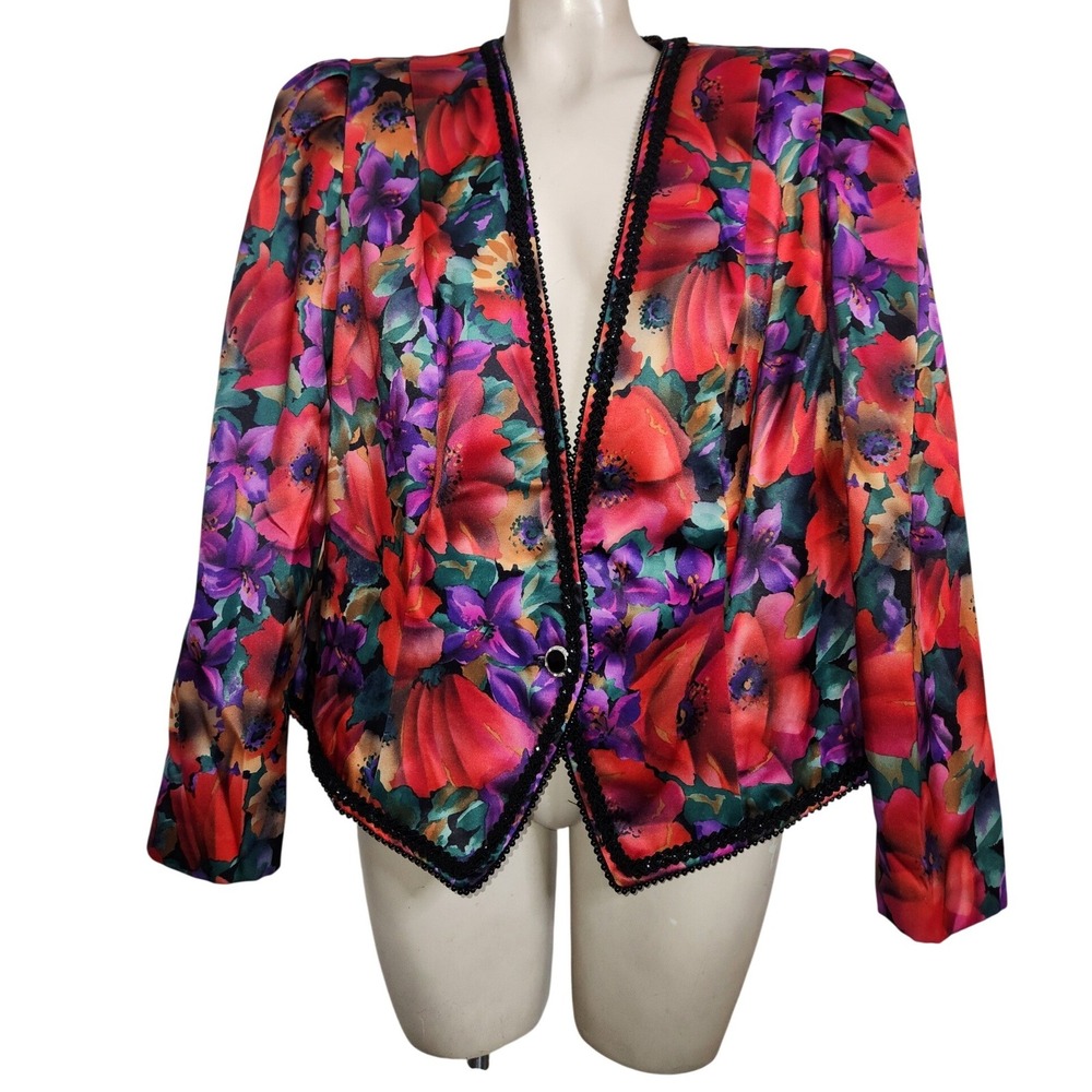 Nah Nah Collections Jonathan Tai Vintage Floral‎ Satin Blazer Beaded Trim Red L